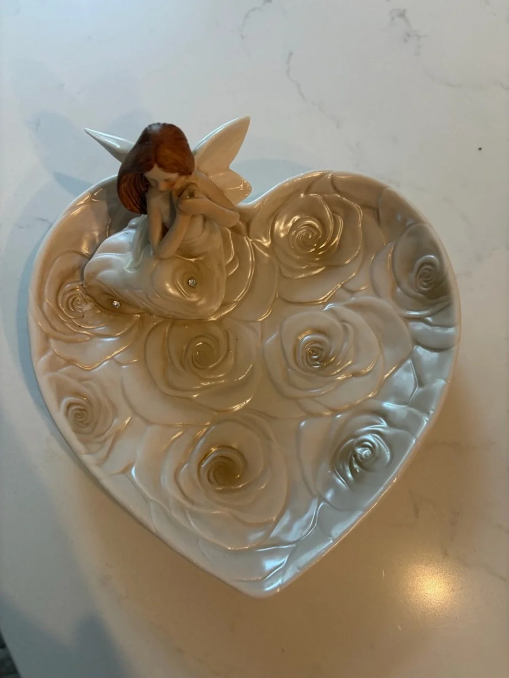 Rose Angel Porcelain Heart Dish in Pearl White